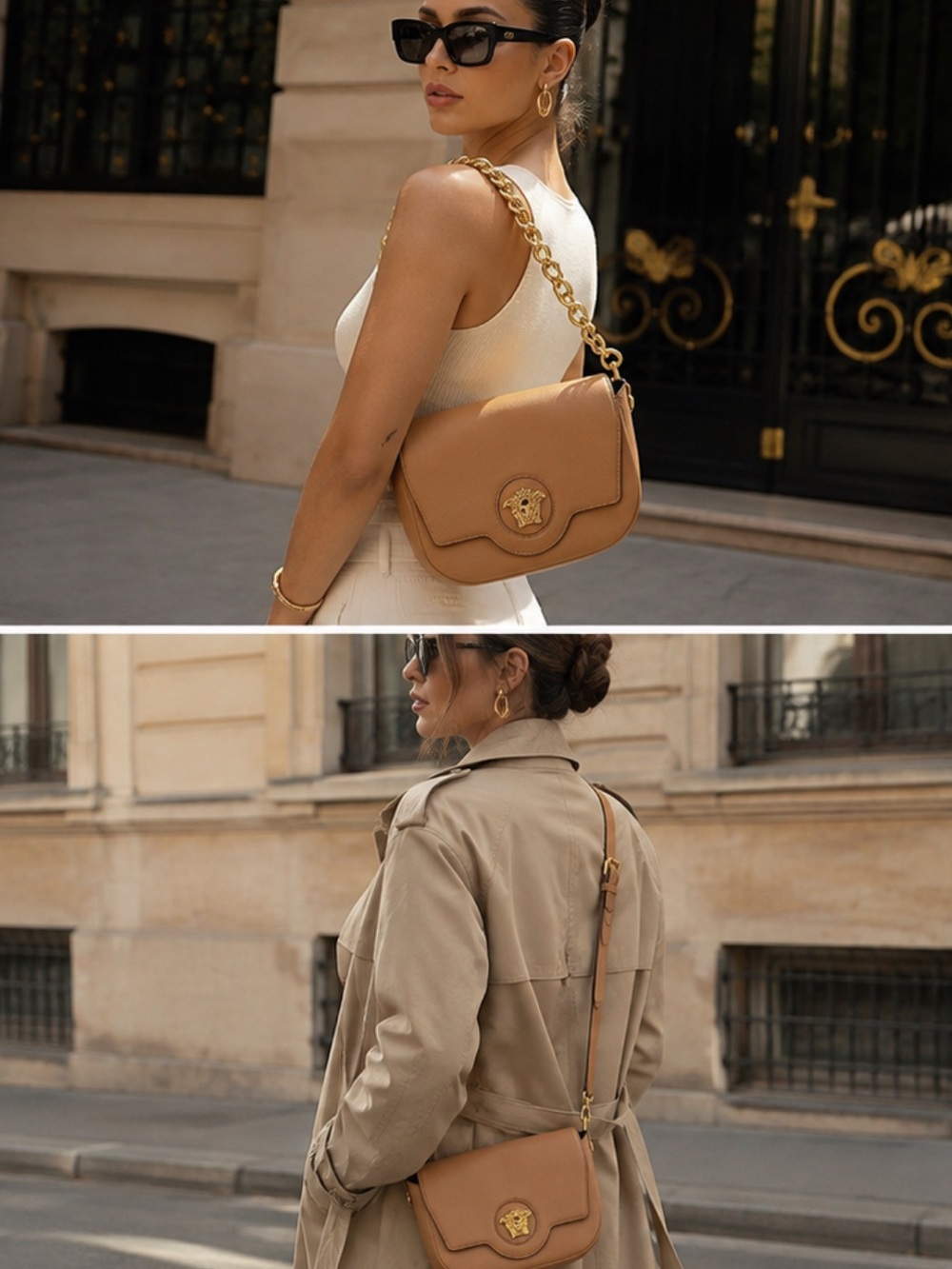 Versace Camel Leather Medusa Shoulder Bag with Gold Chain